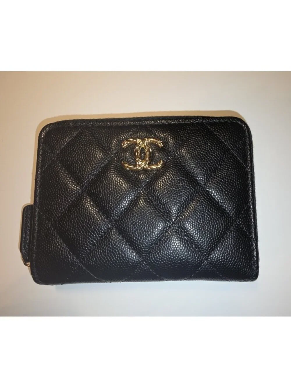 Authentic Chanel Small Zipped Pocket Wallet — Black Caviar Leather, Gold Hardwar
